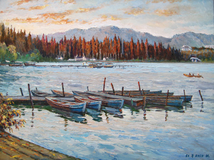 夕阳下的自划船 60cm×80cm